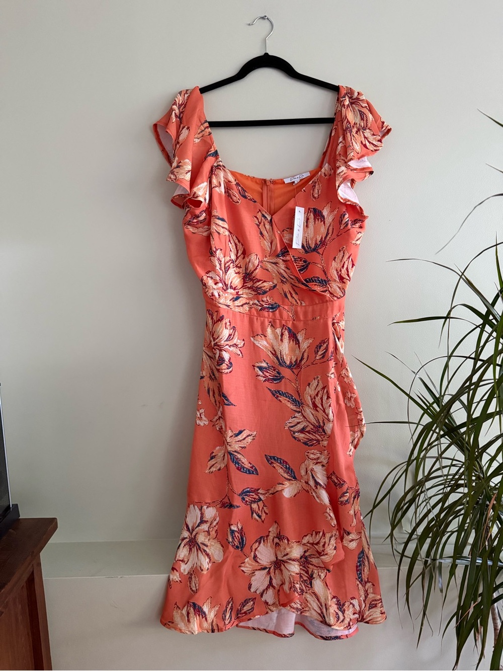 NWT Floral Ruffle Sleeve Midi Dress - Coral